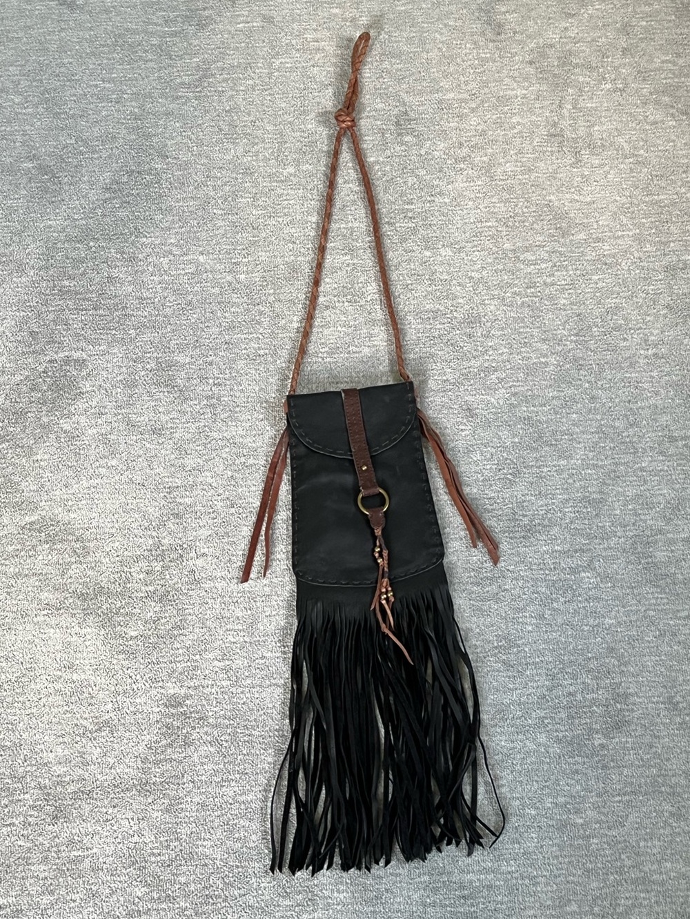 Lucky Brand Leather Black and Brown Fringe Crossbody with Braided Strap